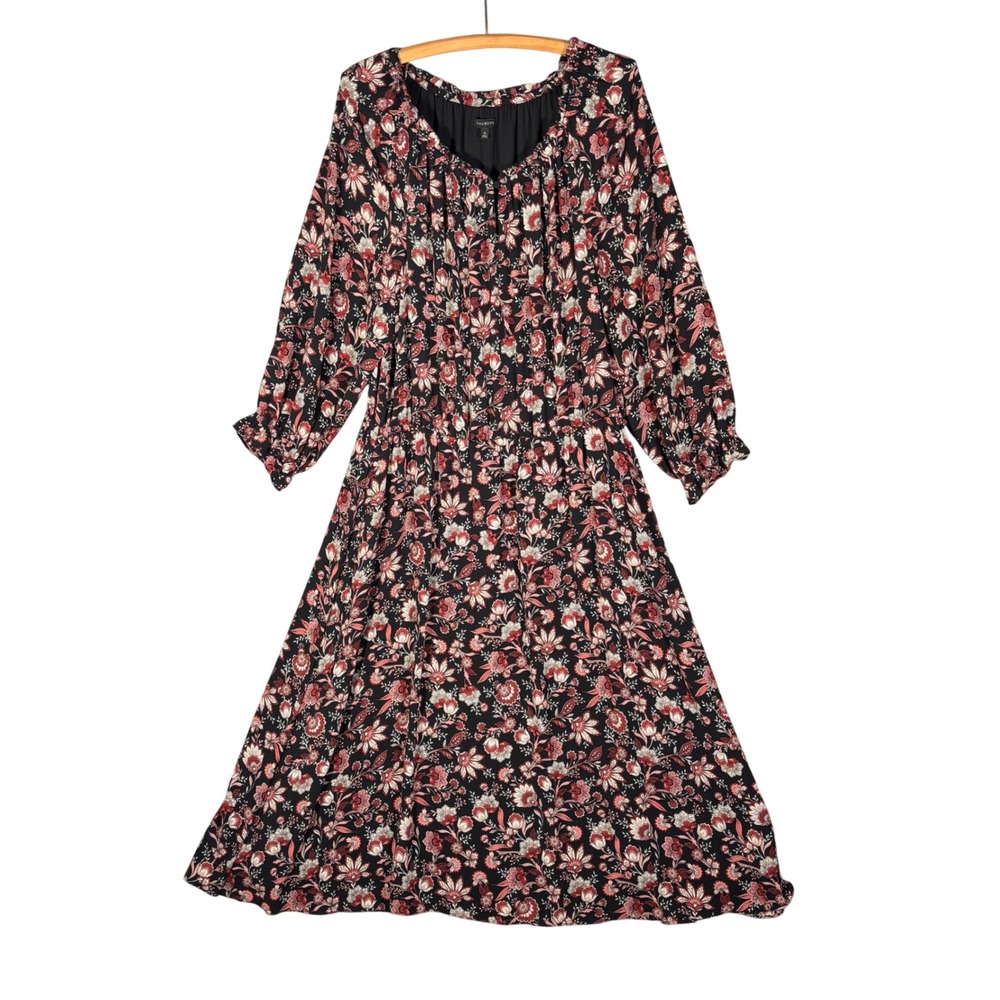 Talbots Womens XL Black Red Floral Maxi Dress Elastic Waist Stretch Bohemian